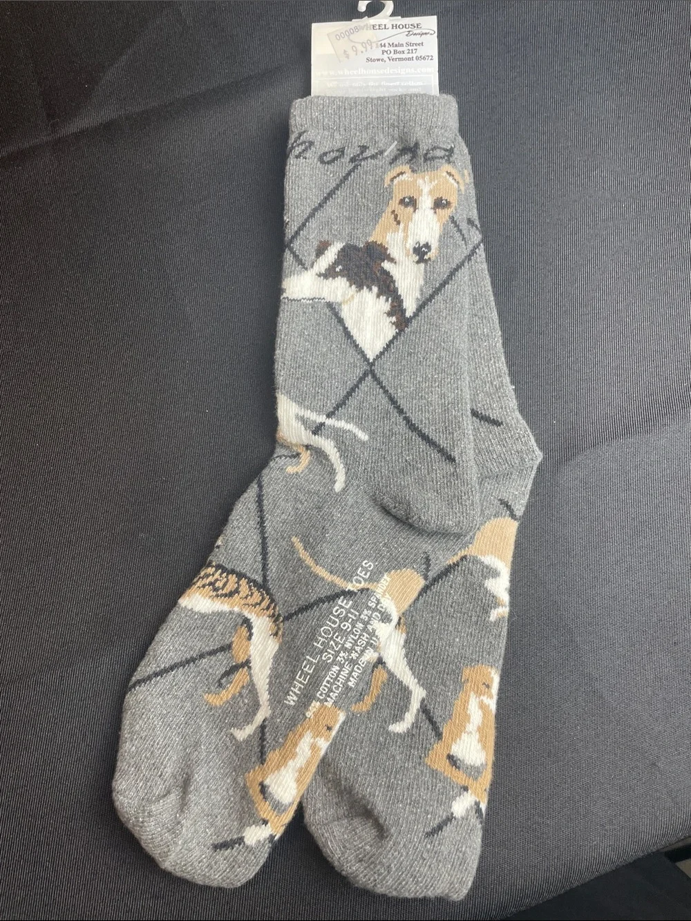 Grey Hound Dog Pattern novelty socks brown white gray black size medium 9-11